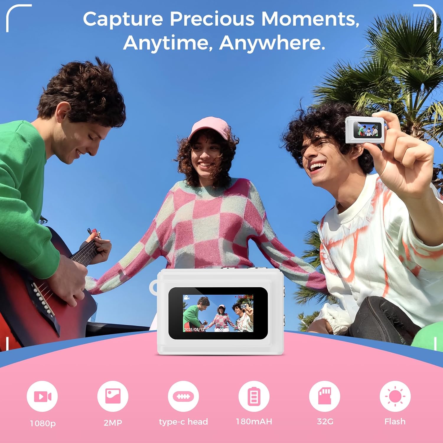 Mini Keychain Digital Camera, Y2K Pocket-Size Mini Camera, 2MP 1080P Small Camera with 32GB Card, Video Recorder with Long Battery Life for Travel, Party and Vlog (White)