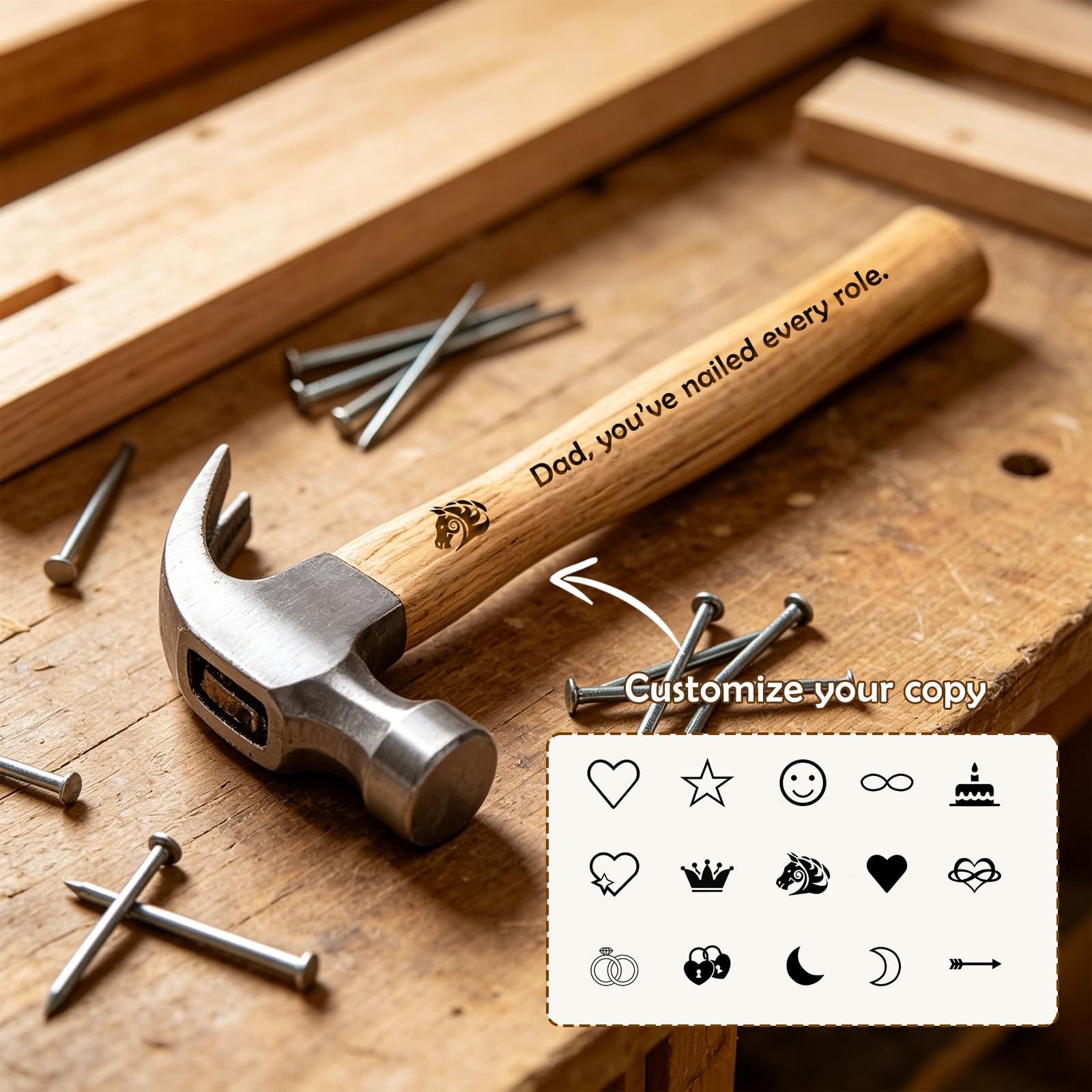 Personalisierter Gravur-Hammer, individuelle Gravur von Namen, Daten & Botschaften, robuster Handhammer, ideales Vatertagsgeschenk für Männer, Tischler & Heimwerker (A)