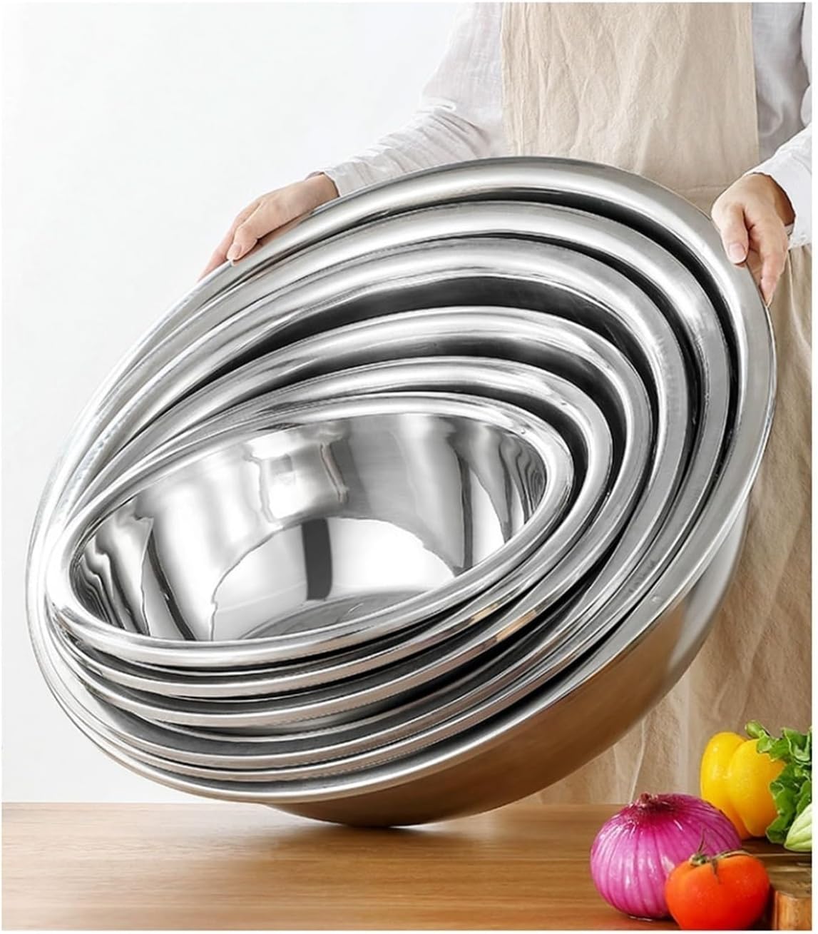 GeRRiT 304 Stainless Steel Salad Bowls Mixing Bowls Pots and Pans 6 Piece Set Cooking Baking Nesting Bowls Soup Bowls Serving Trays Cookware