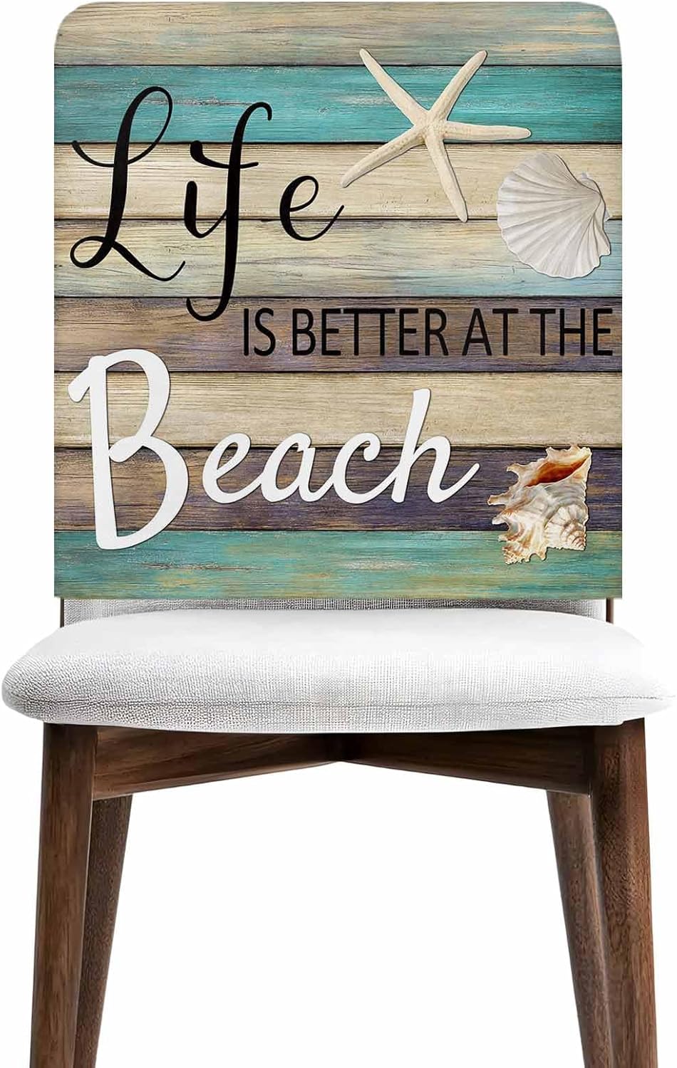 Life is Better at The Beach Chair Back Cover for Dining Room, Chair Covers Set of 6, Wood Grain Starfish Shell Summer Removable Washable Slipcovers for Kitchen Hotel Banquet Decor,18x19in