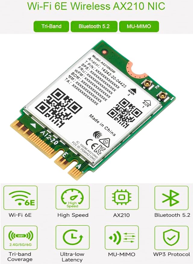 Tarjeta de Red Inalámbrica AX210, Wi-Fi 6E Tri-Banda, 802.11ax, Bluetooth 5.2, Interfaz NGFF (M.2 A/E Key), Compatible con Linux y Windows 10/8.1/8/7 miniatura 2