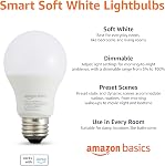 Amazon Basics Smart A19 LED Light Bulb, Dimmable Soft White (2700K), 9W (60W Equivalent), 800LM, Works with Alexa Only, 2.4 GHz Wi-Fi, No Hub Required, 4 Pack