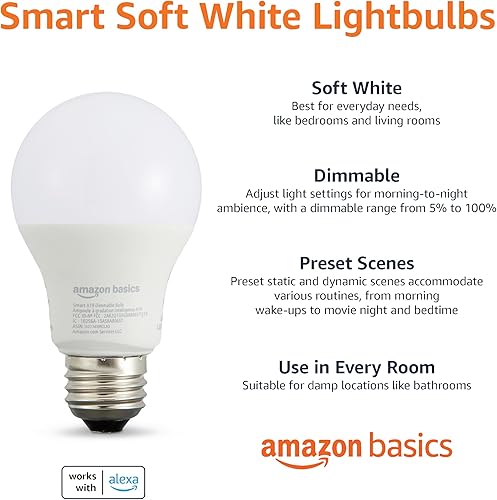 Miniatura 2 de Tienda Basics Bombilla LED inteligente A19, regulable blanco suave (2700 K), 9 W (equivalente a 60 W), 800 LM, funciona solo con Alexa, Wi-Fi de 2.4