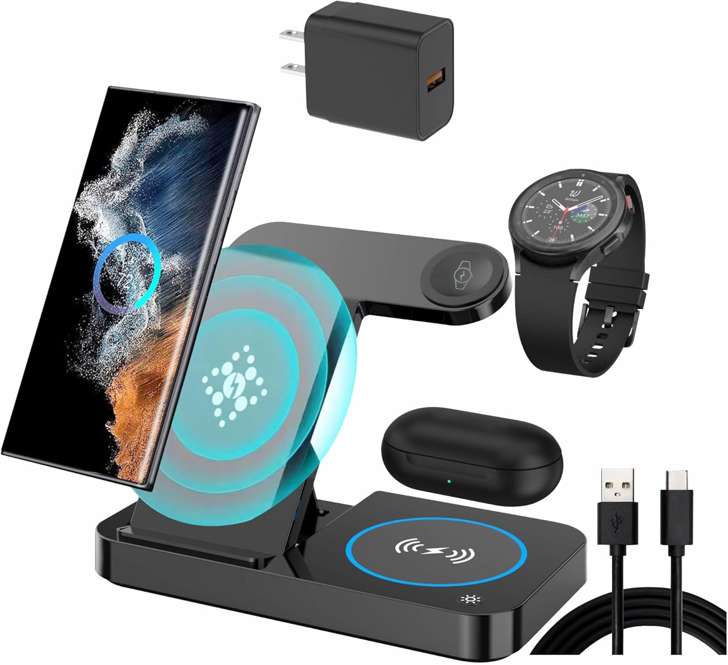 3 in 1 Charging Station for Samsung Android: Wireless Phone and Watch Charger for Galaxy S26 Ultra/S25 Ultra/S24/S23/Z Fold, Wireless Charger Stand for Galaxy Watch 9/8/7/6/5 Earbuds 4/3/Pro (Black)