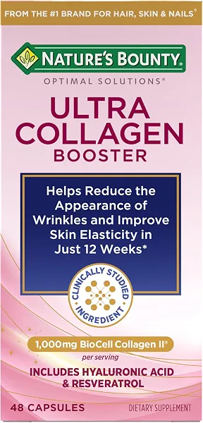 Nature's Bounty Optimal Solutions Ultra Collagen Booster, 48 Capsules | For Healthy-Aging Supplement, Resveratrol, Hyaluronic Acid – Collagen Capsules for Women