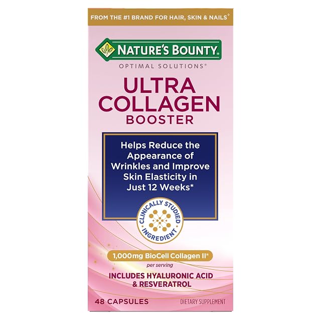 Natures Bounty Optimal Solutions Ultra Collagen Booster for Healthy-Aging Supplement Resveratrol Hyaluronic Acid Collagen Capsules for Women 48