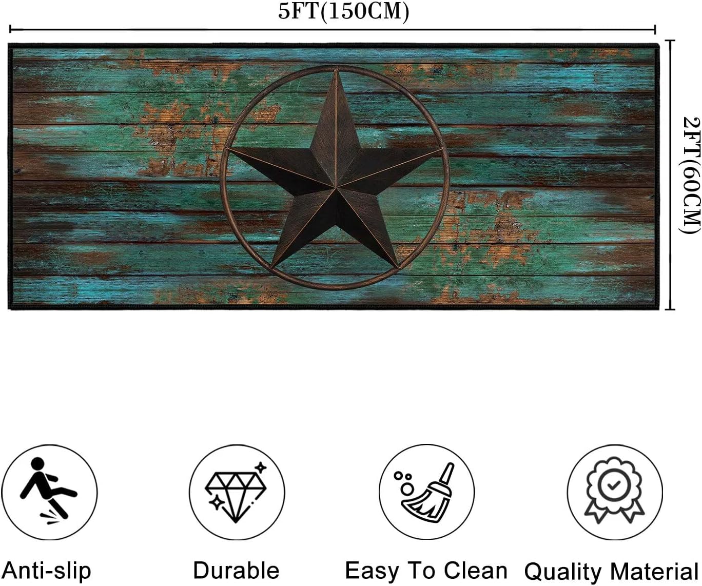 Western Runner Rug 2x5 Rugs for Entryway,Barn Texas Star on Old Wooden Plank, Kitchen Rug Washable Indoor Door Mat Non Slip Accent Throw Rugs Rustic Area Floor Carpet Runners for Hallway,Bedroom,Teal