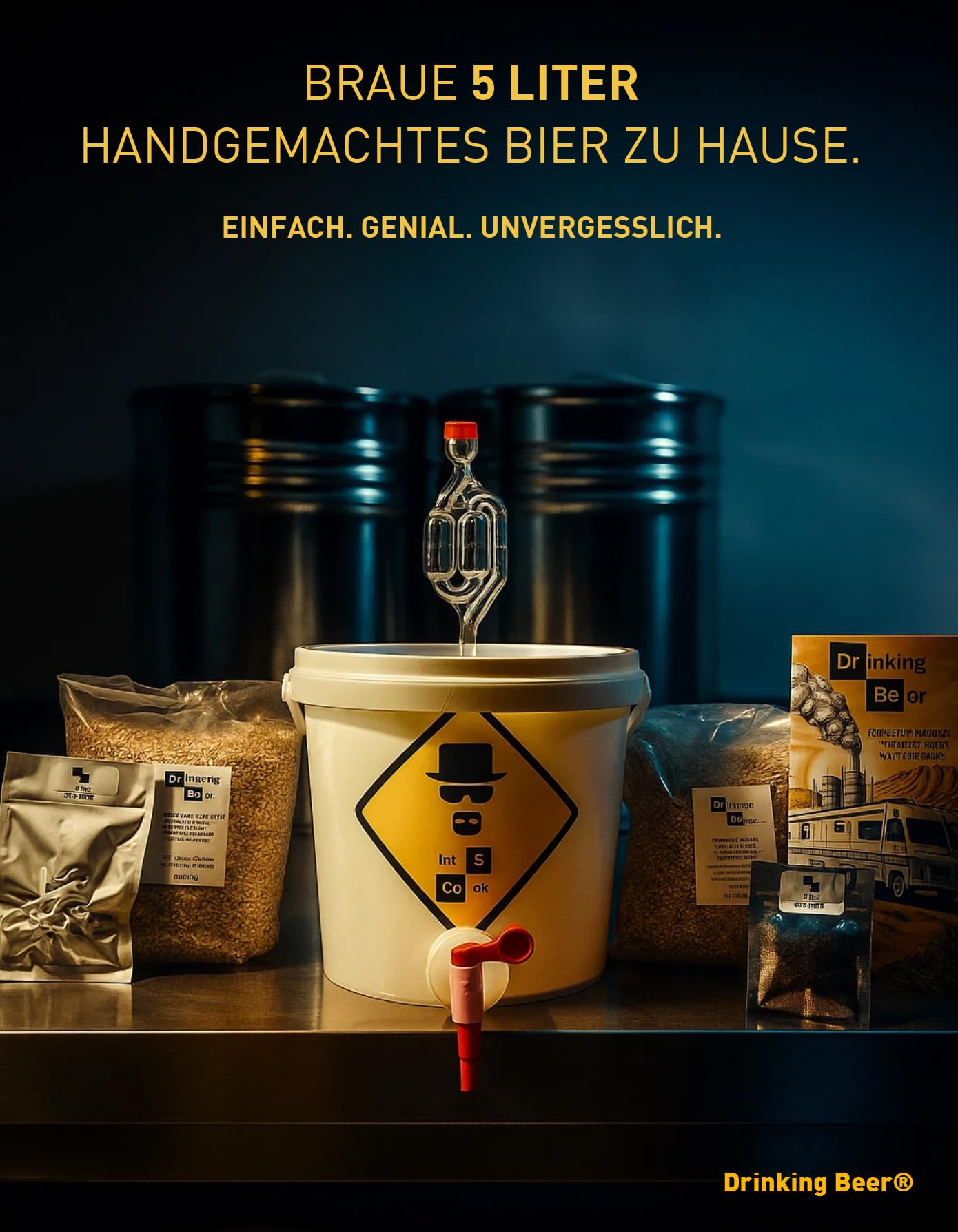 Drinking Beer® | Bierbrauset zum Selberbrauen – Komplettes Bier Brauen Set für Zuhause – 5L Braufass – Traditioneller Brauprozess mit Malz & Hopfen – Biergeschenk für Männer & Väter