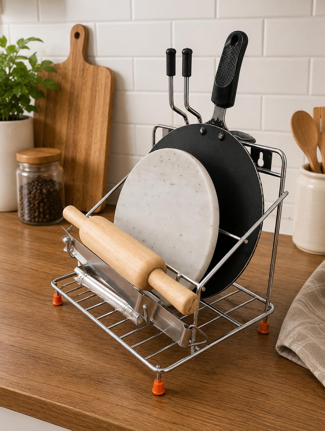 4-in-1 Stainless Steel Chakla Belan Tawa Chimta Stand for Kitchen - Wall Mount Rack for Rolling Pin, Board, Tong Holder For Kitchen-image-35