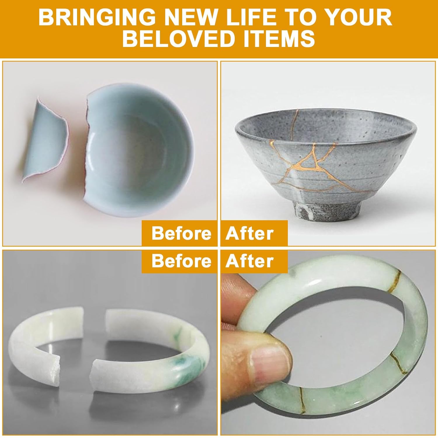 deuvuo Kintsugi Repair Kit Gold, 21 Pcs Authentic Kintsugi Repair Kit to Revive Your Broken Ceramic, Pottery, Mug, Bowl, Glass Keepsakes with Ease - Japanese Art DIY Set Bio for Beginners