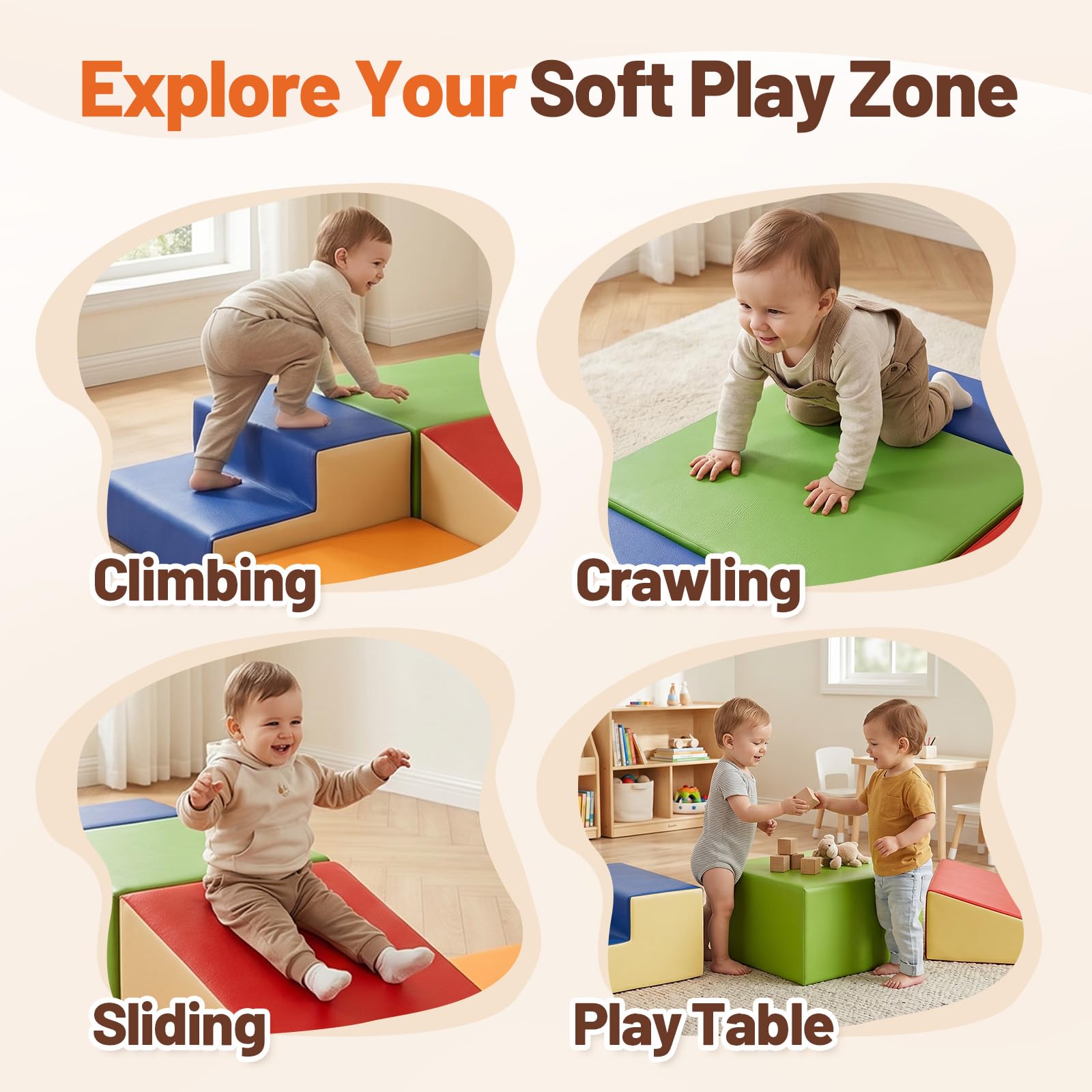 Wilwolfer Blocchi per Bambini in Schiuma Set: 6 Pezzi Pelle PU Set da Gioco Blocchi Morbidi per Bambini - Doppia Scala Percorso a Ostacoli per Infanzia per Soggiorno Cameretta e Asilo Nido(Classico)