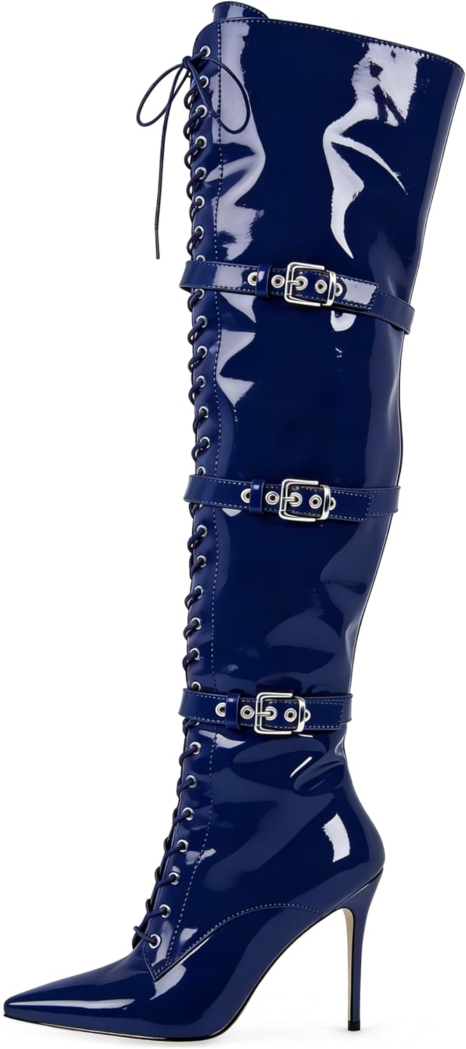 SAMMITOP Over The Knee Boots for Women Stiletto High Heel Pointed Toe Lace Up Metal Buckles Tall Boots 4 Inches Patent Leather