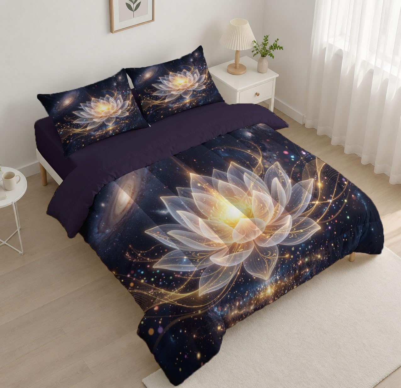 Trapunta Vortex Loto Stellato 3D, Piumino Singolo 4 Stagioni | 140X200 Cm Con Federa 50X80, Piumone Leggero In Microfibra, Trapunta Reversibile Paesaggio Via Lattea Ispirato Zen, Blu Scuro