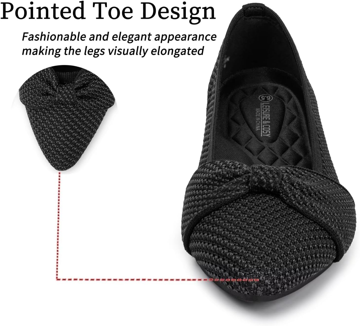 Women's Flats Pointed Toe Knit Ballet Flats Shoes with Bow Comfortable Casual Ballerina Dressy Work Office Slip-on Shoes