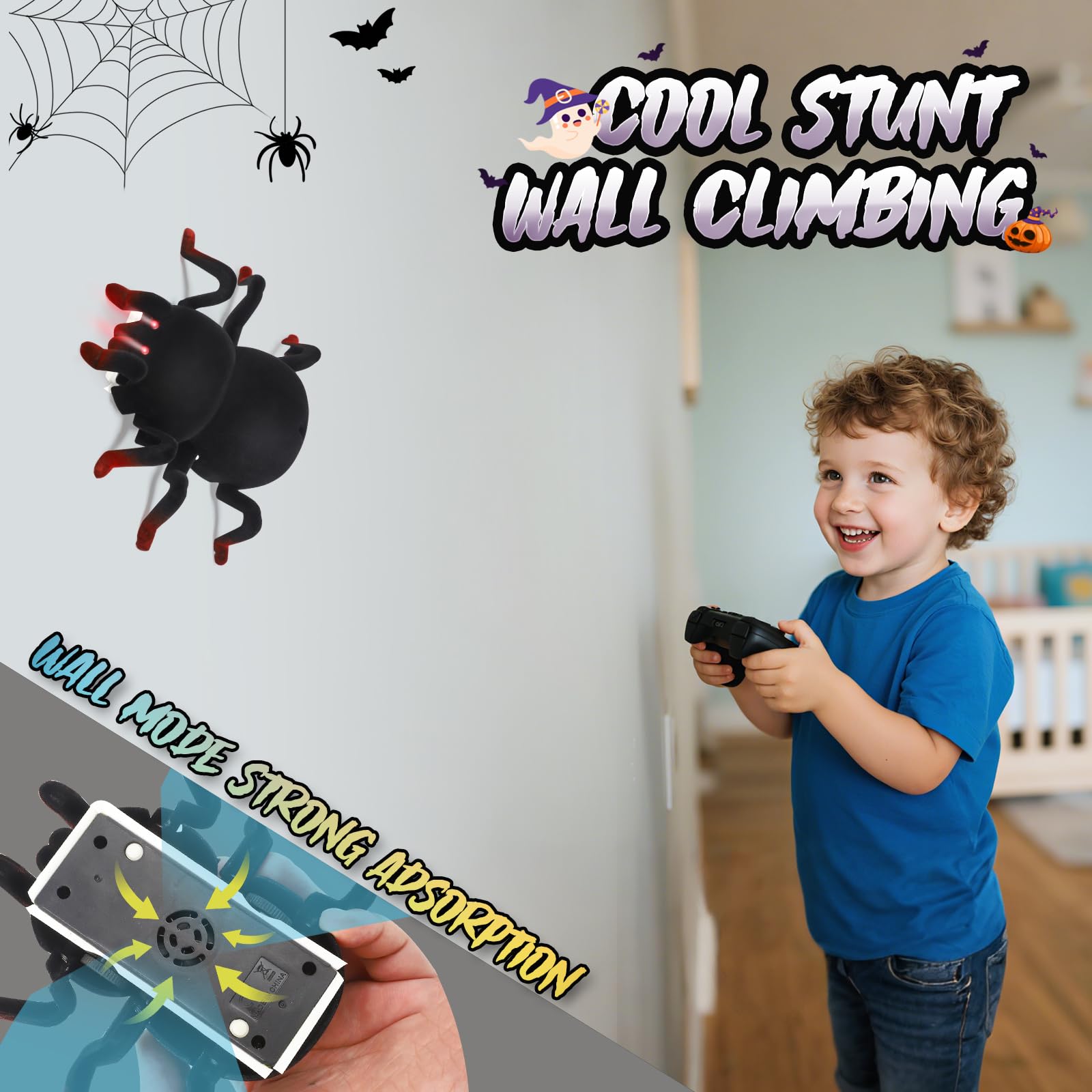 Araña RC a Control Remoto - Trepa Paredes y Techos, Recargable con Ojos LED - Juguete Robot Araña para Niños de 3 Años en Adelante Escalofriante para Niños y Niñas