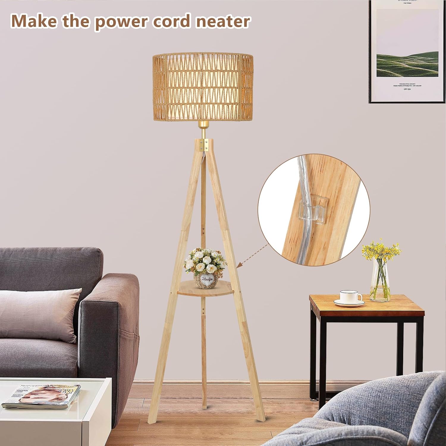 Oak Wood Tripod Floor Lamps for Living Room, Boho Floor Lamp with Shelves, Mid Century Rattan Standing Lamp with Fabric Shade, ON/Off Switch, Farmhouse Tall Floor Lamps for Bedroom Office