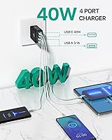 Vista 3 de Bloque de cargador USB C, cargador de pared USB C de 40 W, PD+QC 3.0, adaptador de corriente de doble puerto, 4 puertos multipuerto de carga rápida