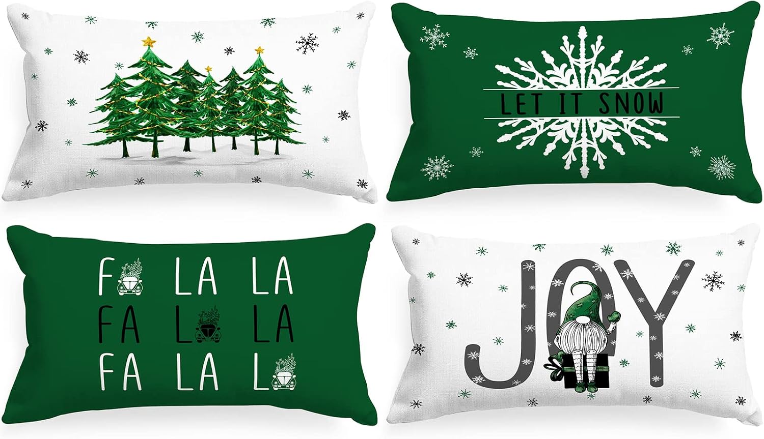 Lanpn Christmas Throw Pillow Covers 12x20 Set of 4, Merry Christmas Xmas Winter Decorative Holiday Cushion Pillow Cases 12 x 20 for Outdoor Indoor Farmhouse Home House Room Couch Decor (Green)