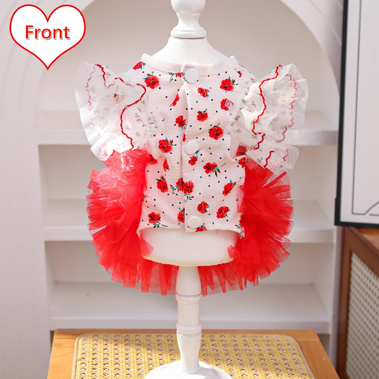 Summer Dog Dress, Cat Rose Flower Tutu Skirt, Pooch Mesh Tulip Dresses, Pet Cute Princess Skirts, for Most Cats, Puppy, Small and Medium Dogs (Red, Medium)
