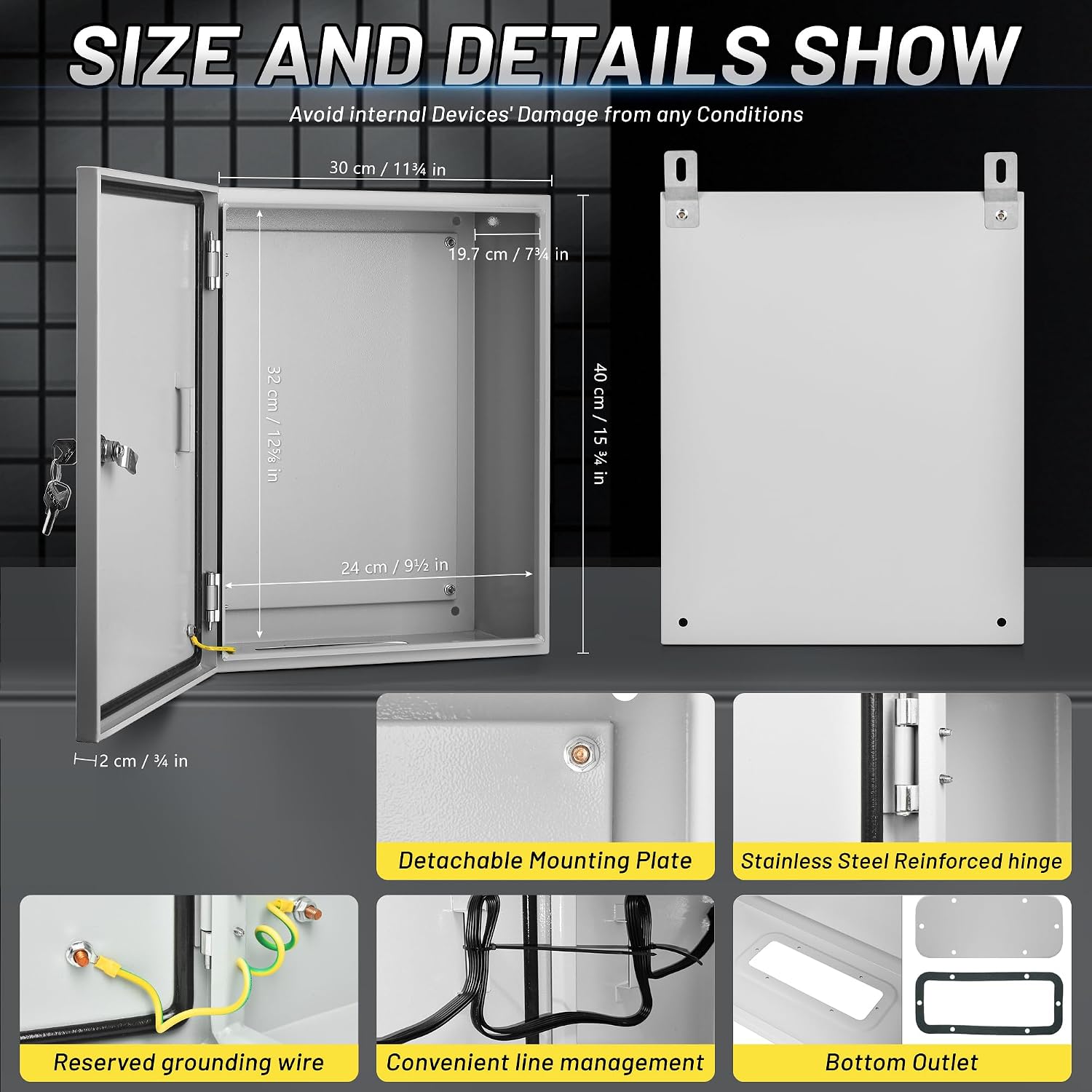 Metal Electrical Enclosure Box, 16 x 12 x 8 inches, Waterproof & Dustproof with Reinforced 304 Lock Core, Suitable for Outdoor & Indoor Use