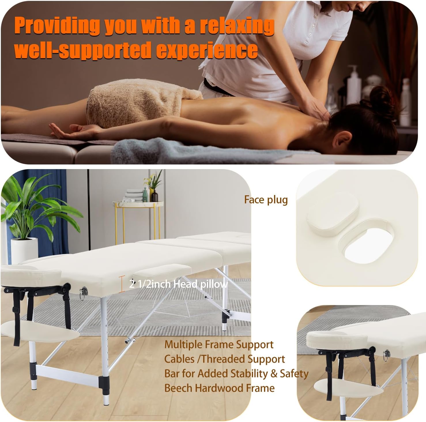 Gaussen Portable Massage Table,84 Inch Massage Tables Portable with Neck Stretcher 3 Fold Adjustable Height Lash Bed Massage Bed Tattoo Table for Eyelash Tattoo Spa (Aluminum, Cream-3 Fold)