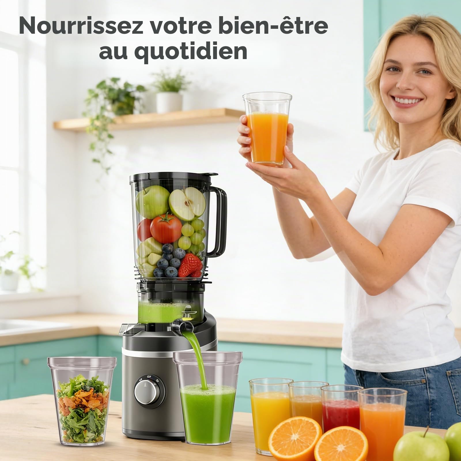 Extracteur de jus 250W 2,3 L à pression à froid, pour fruits et légumes entiers, 65 tr/min, avec goulotte d'alimentation de 12 cm, Extracteur de jus de fruits et légumes