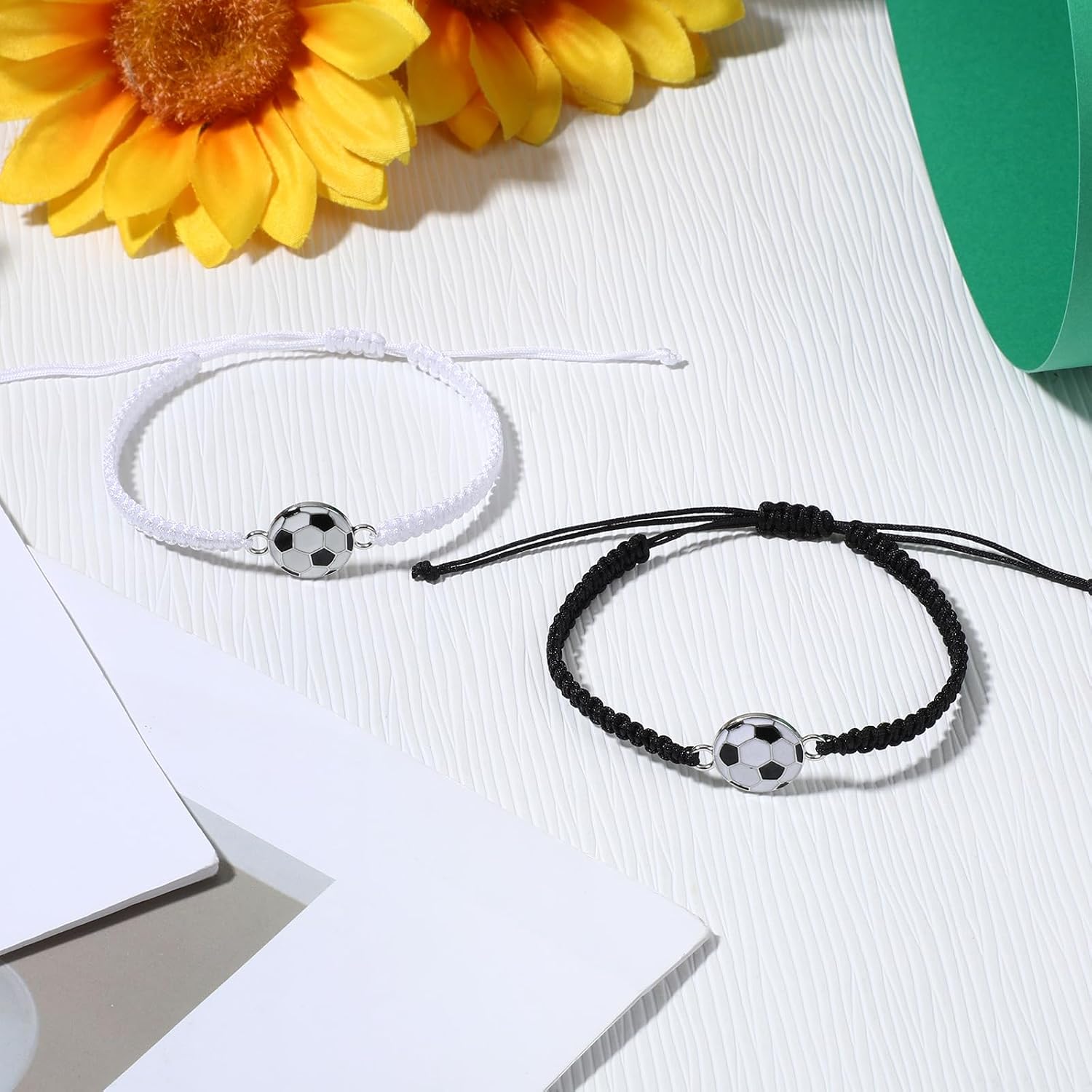 2PCS Soccer Bracelet, 2 Colors Braided Sports Bracelets Adjustable Bracelets with Soccer Charm Volleyball Soccers Gifts Soccers Jewelry for Fans Friendship Relationship Gifts Souvenir
