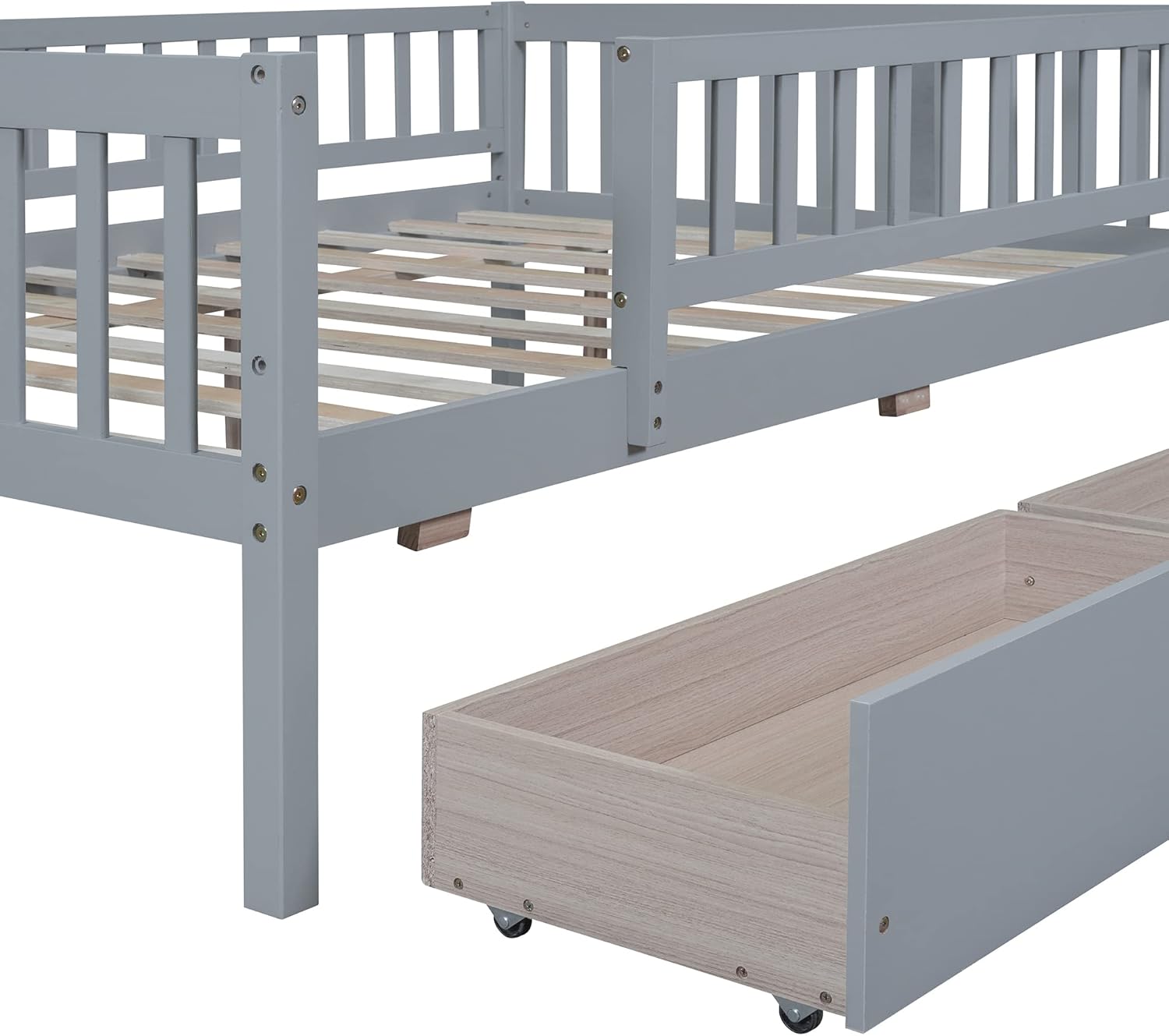 Full Kids Bed with 2 Storage Drawers,Wooden Low Montessori Platform Bed Frame with Full-Length Safety Guardrails,Full Size Montessori Beds with Slat Support for Boys Girls Bedroom,Space Saving,Grey