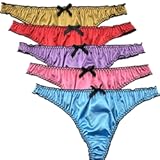 5 Pack Women&apos;s Satin G-string Panties Ruffle Frilly Thongs Underwear