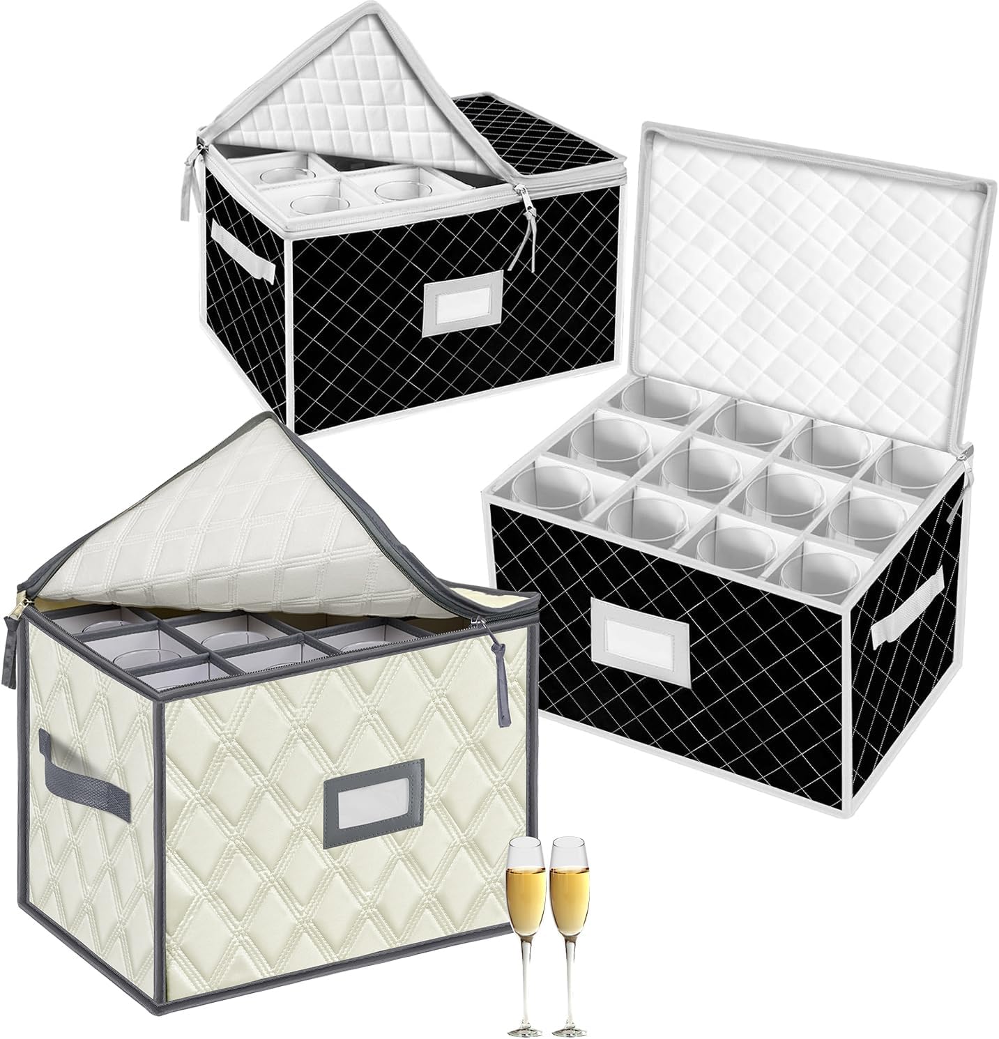 VERONLY China Storage Containers, Wine Glass Storage Box with Dividers, Holds 12 Champagne Flute Glasses up to 10" Tall, Stemware Storage Case, Durable Quilted Microfiber Bin with Carry Handles