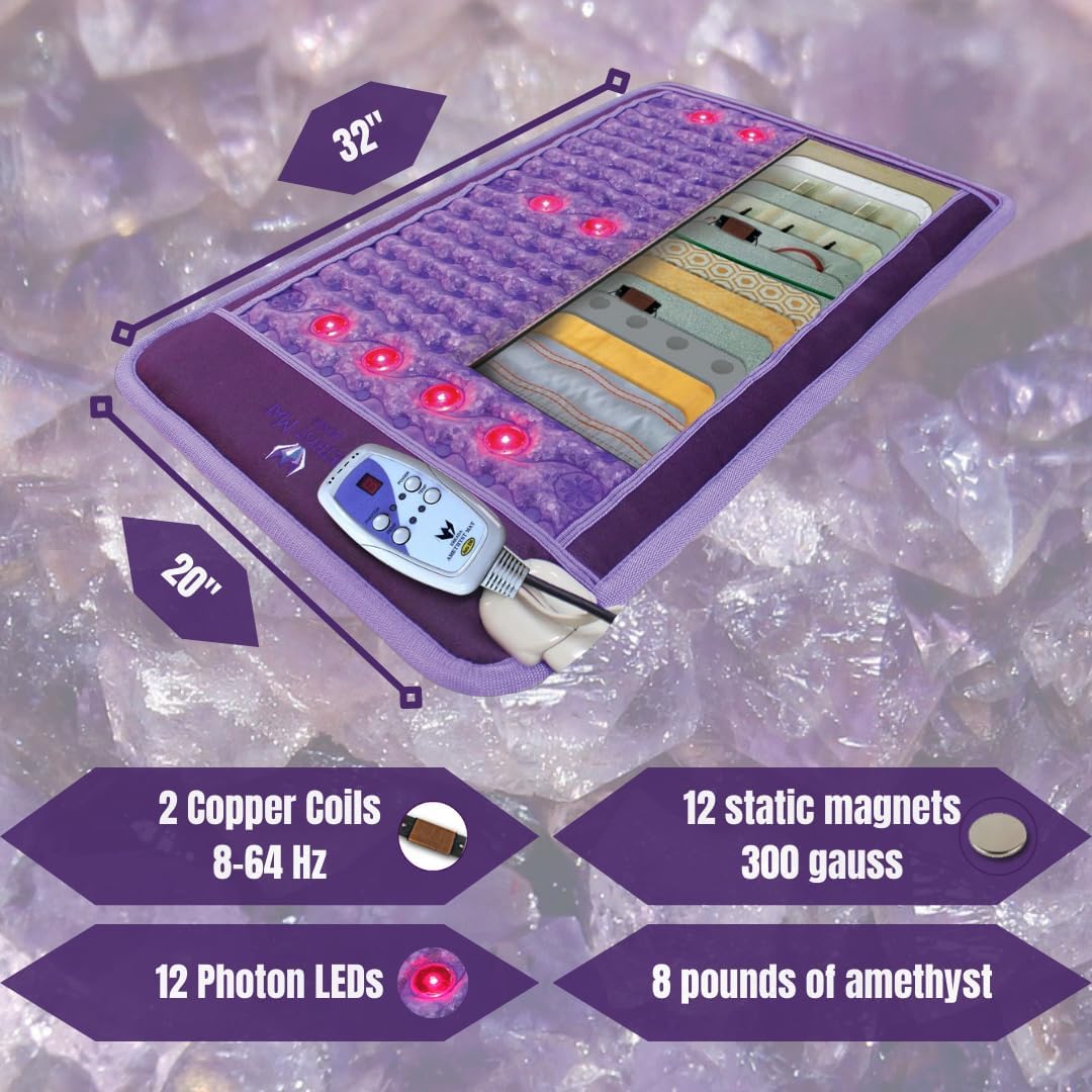Ereada Far Infrared Amethyst Mini Mat - Purple 32"L x 20”W (80x50 cm) - Adjustable 86-158°F (30-70°C) FIR Heat - Natural Crystals - Bio-Photon Red Light - Negative Ions - Original Korean Manufacturer