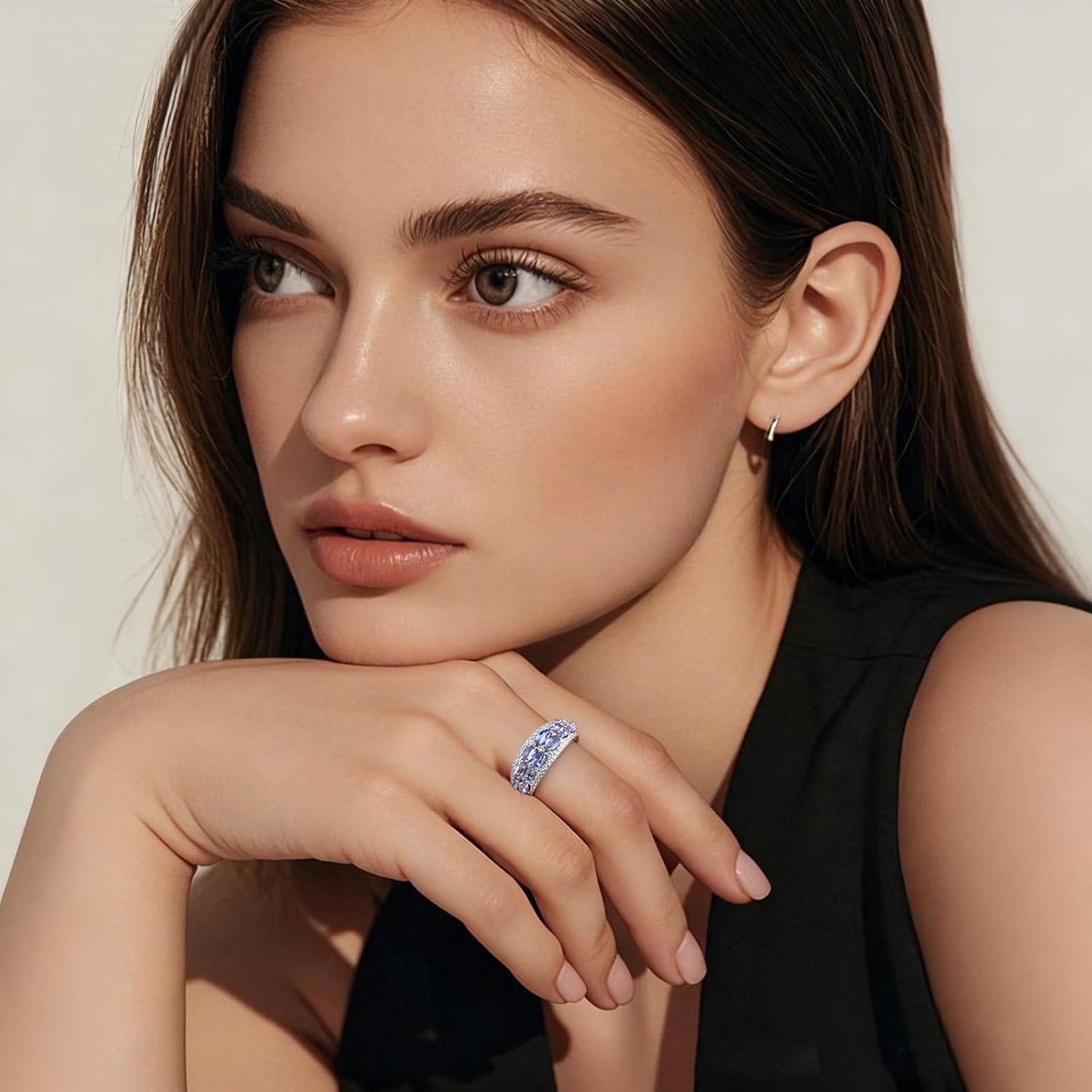 Blue Tanzanite & Cubic Zirconia Stackable Wedding Band Eternity Rings,December Birthstone Ring for Women,Rhodium-Plated Sterling 925 Silver - Elegant Marquise-Cut(Weight 1.47 CT