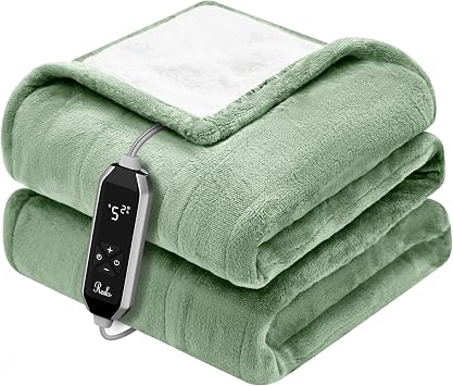 Reaks Heated Blanket Throw, 5060 Inches, Fast Heating Blanket 10 Heat & 9 Timer Settings, Electric Blanket Soft Flannel Sherpa, Automatic Power Off Function, ETL & FCC, Machine Washable, Green