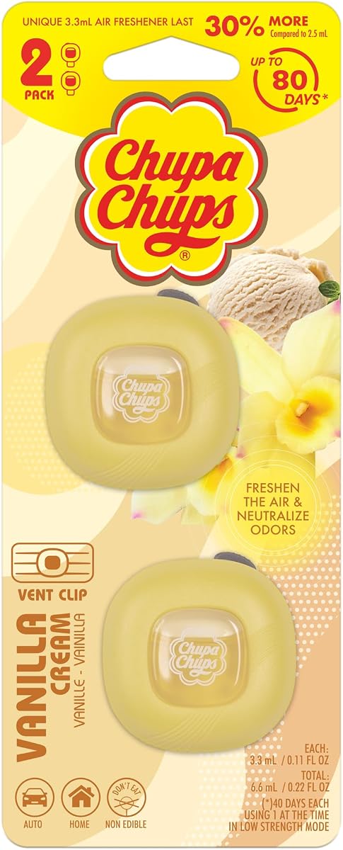 Chupa Chups Car Air Freshener, Vanilla Cream - Long Lasting Car Fresheners with Fun Scents, Colorful and Vibrant Air Freshener for Car, Unique Car Freshener Perfume Deodorizer - 1-Pack (2pcs Total)