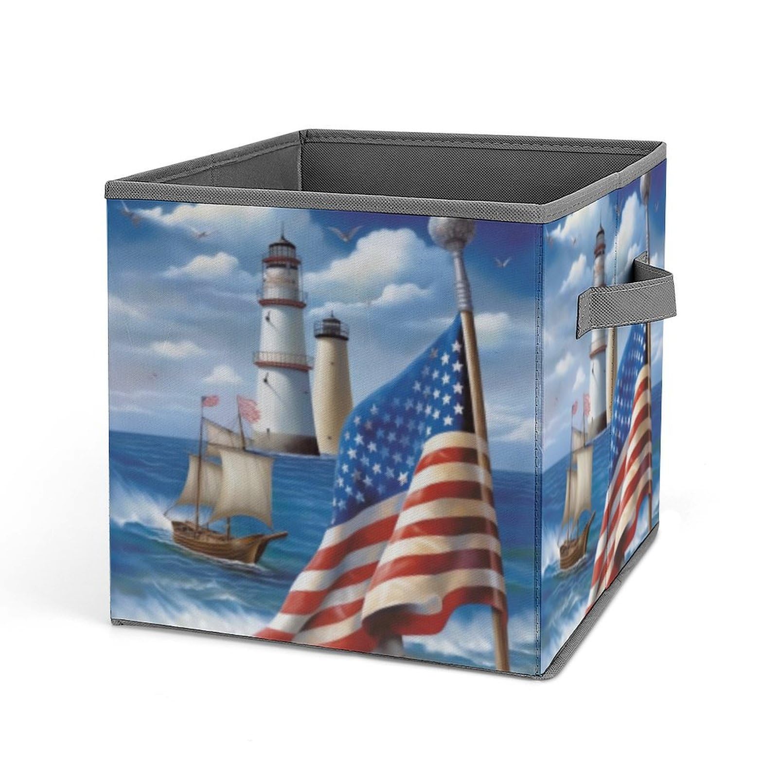 JTREHY Sea To Shining Sea Patriotic Printed Foldable Storage Box, 10.6 Inches Fabric Storage Box for Wardrobe, Bedroom, Utility Room