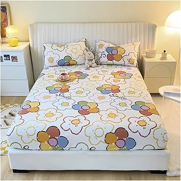 Fitted Bed Sheet 3 Pieces Cotton Printing Fitted Sheet Mattress Cover Double Queen Size Elastic Band Bed Sheet 160x200 180X200 Fit SheetColor 1,90x190x20cm