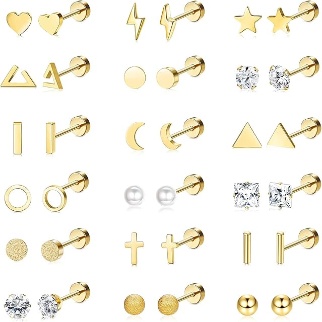 LOLIAS 18 Pairs Surgical Stainless Steel Stud Earrings For Women Men 20G Cartilage Earrings Studs Cross Moon Star Small Stud Earrings Gold Screw Flat Back Earrings Ear Piercing Studs Set
