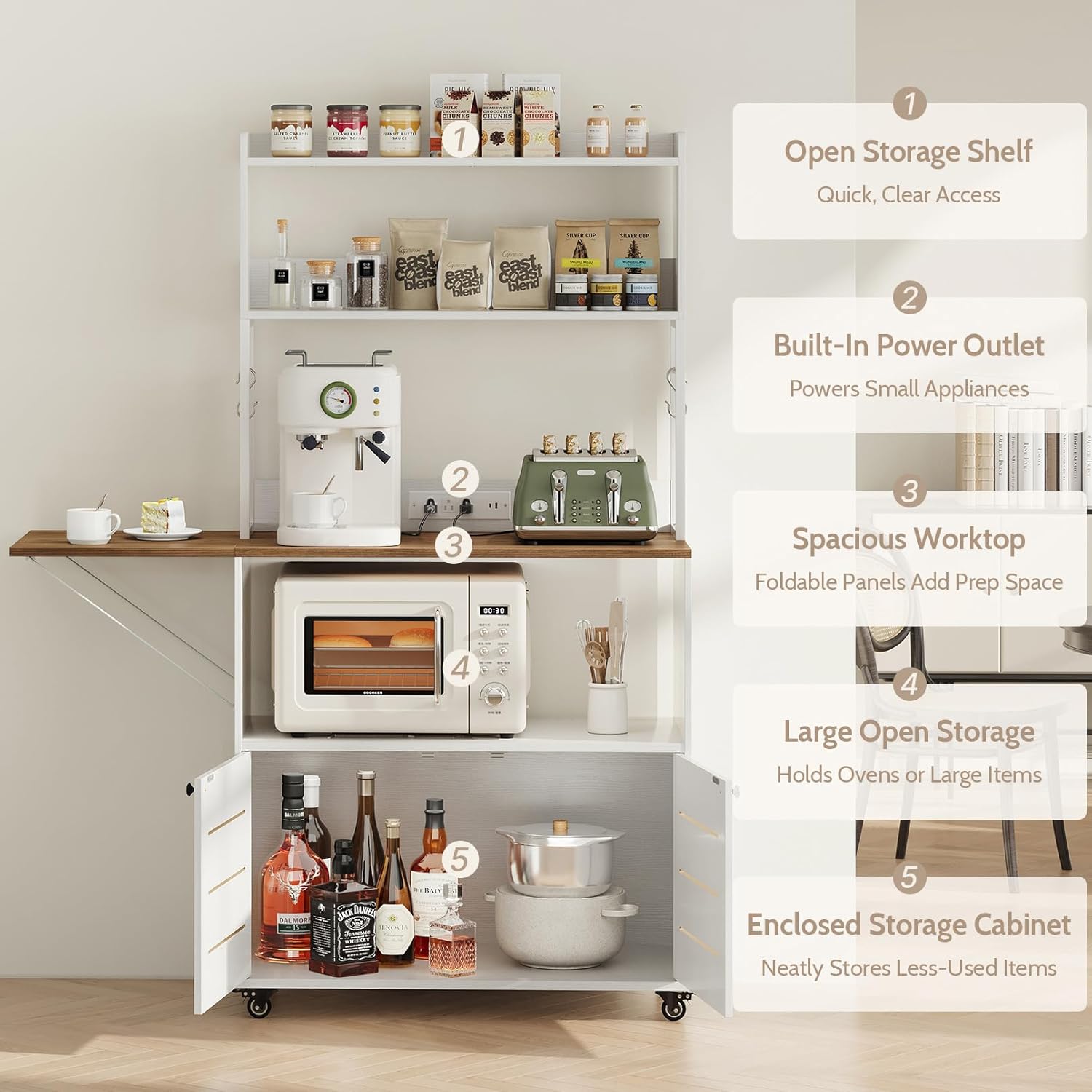 Bakers Rack with Power Outlet and Storage, Farmhouse Kitchen Hutch with Cabinet, 5-Tier Mobile Microwave Stand with Foldable Side Table, Storage Shelves, 6 Hooks & Wheels