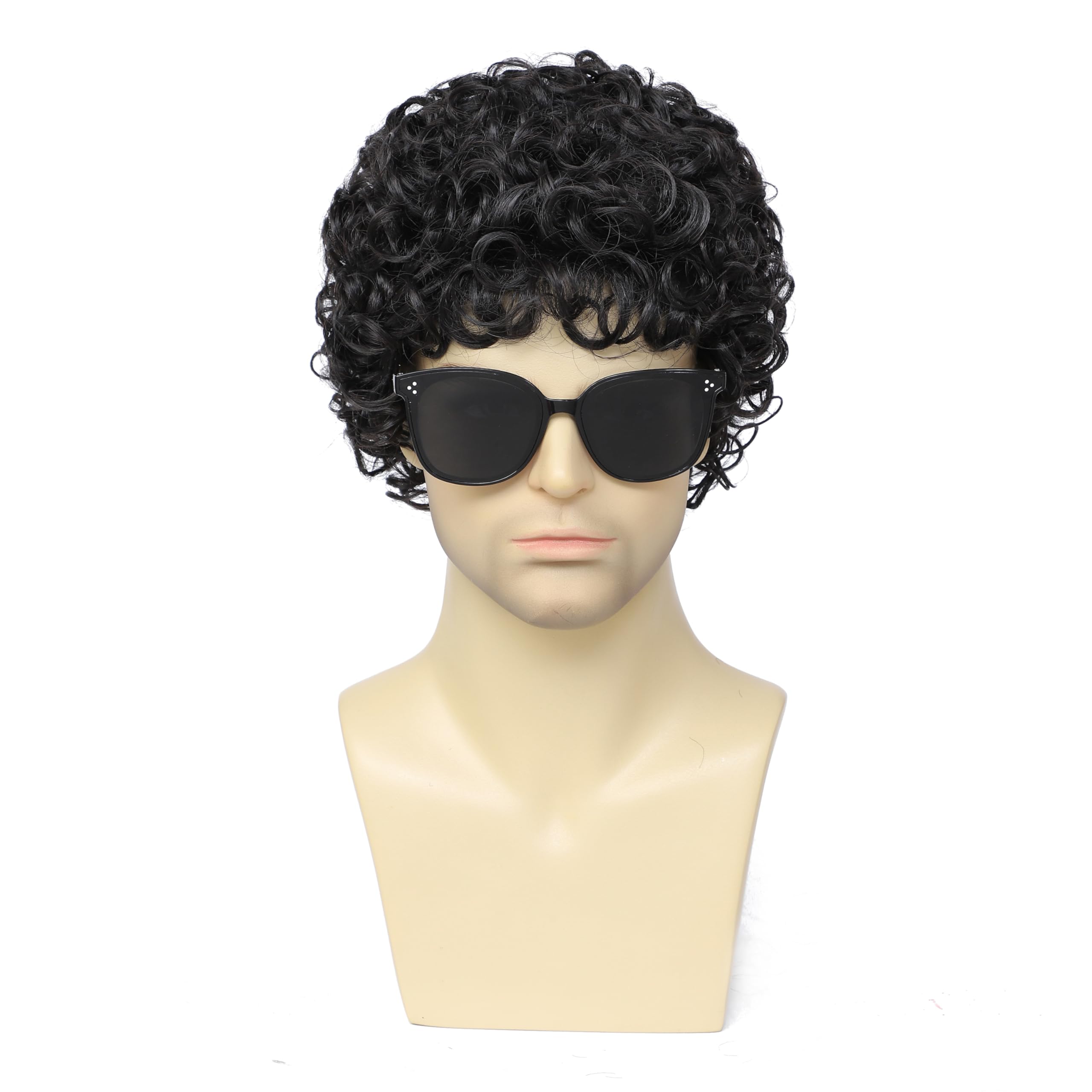 Airhostess Mens Short Afro Curly Wig for Male,70s 80s Disco Guy Rocker?Halloween Cosplay Fancy Wigs for Daily Party Costume (black)