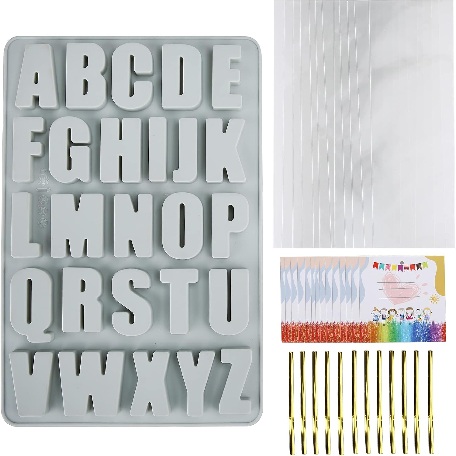 Wocuz 26 Large Letters Silicone Mold Alphabet Crayon Mold Chocolate Mold Biscuit Ice Cube Tray with 12 Sets of Present Packages for DIY Name Letter Gifts for Students Graduation