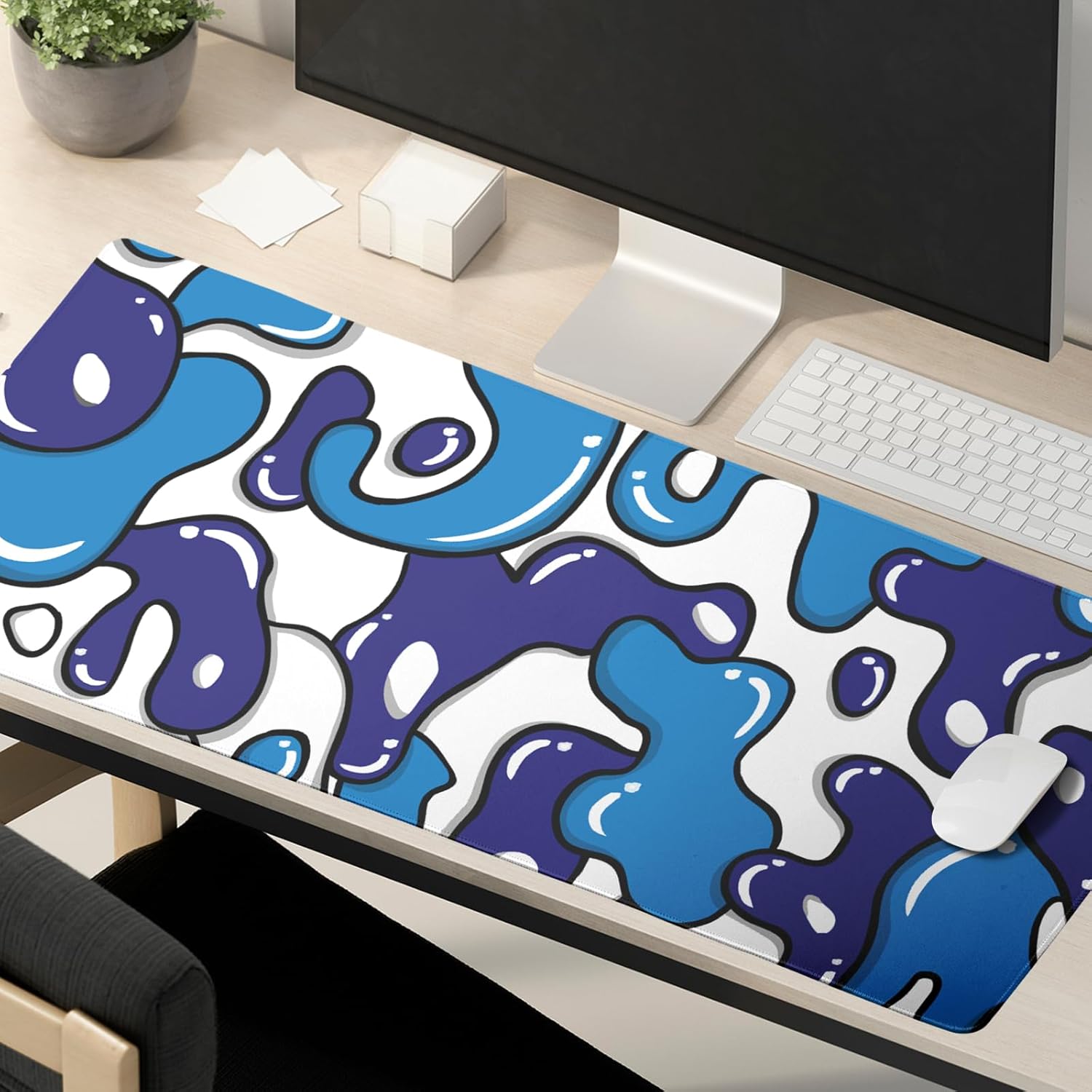 Navy Blue White Gaming Mouse Pad XL 31.5”x11.8” Anime Cool Desk Pad Geometric Japanese Desk Mat Non-Slip Rubber Base Stitched Edge Extended Keyboard PC Computer Pad Gaming for Home Office Work Desktop - Image 6