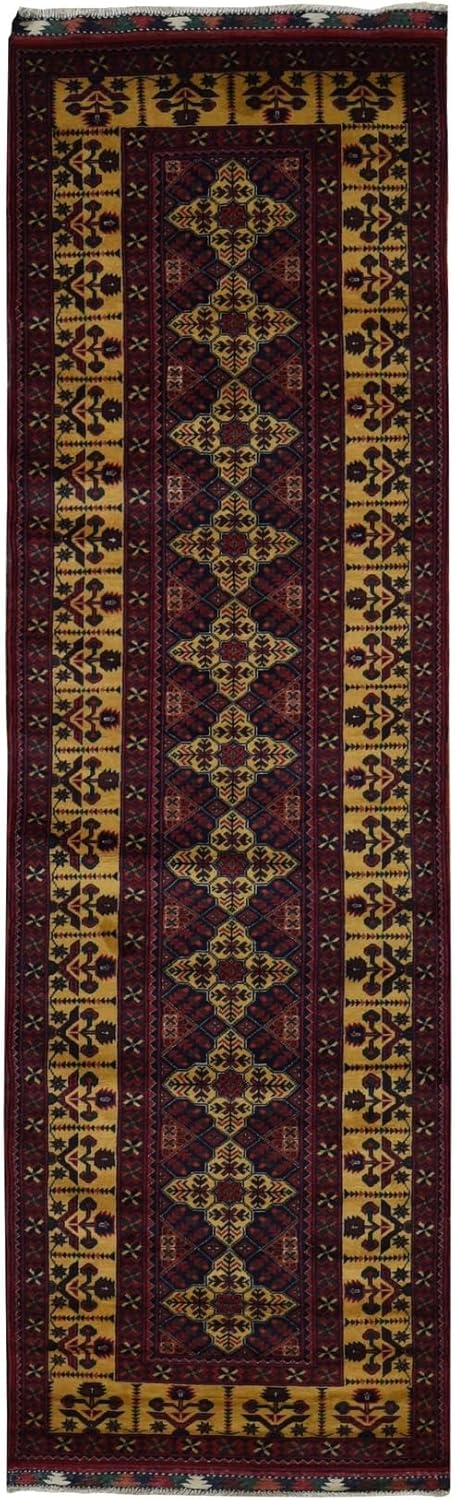 Vermilion Red Afghan Khamyab Vegetable Dyes Denser Weave Shiny Wool Hand Knotted Runner Oriental Rug (3'x10'2")