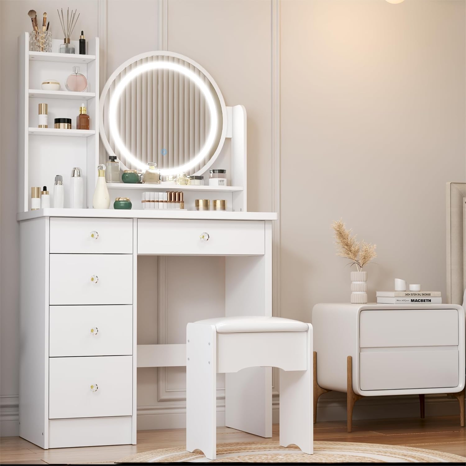 FUFU&GAGA White Vanity Set with Round Lighted Mirror, Makeup Vanity Dressing Table with 5 Drawers, Shelves, Dresser Desk and Cushioned Stool