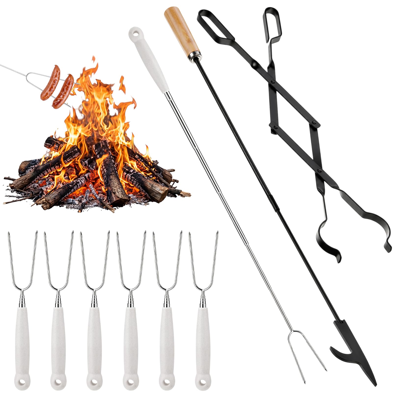 Patelai Fire Pit Accessories Set, 8-piece Poker, Tongs &amp; S'mores Sticks