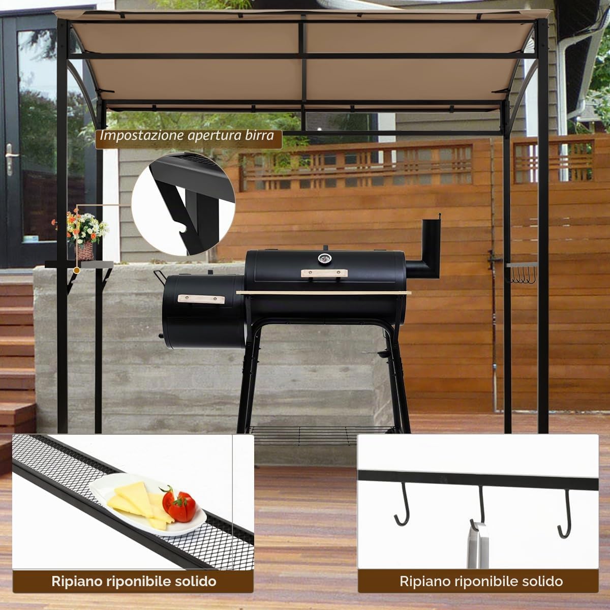 HOMASIS Gazebo Barbecue Esterno, Rifugio Barbecue con Telaio in Metallo Robusto, Tenda Ombreggiatura, Scaffale di Conservazione, 5 ganci, per Patio, Giardino, Spiaggia, Marrone, 216X134X211cm
