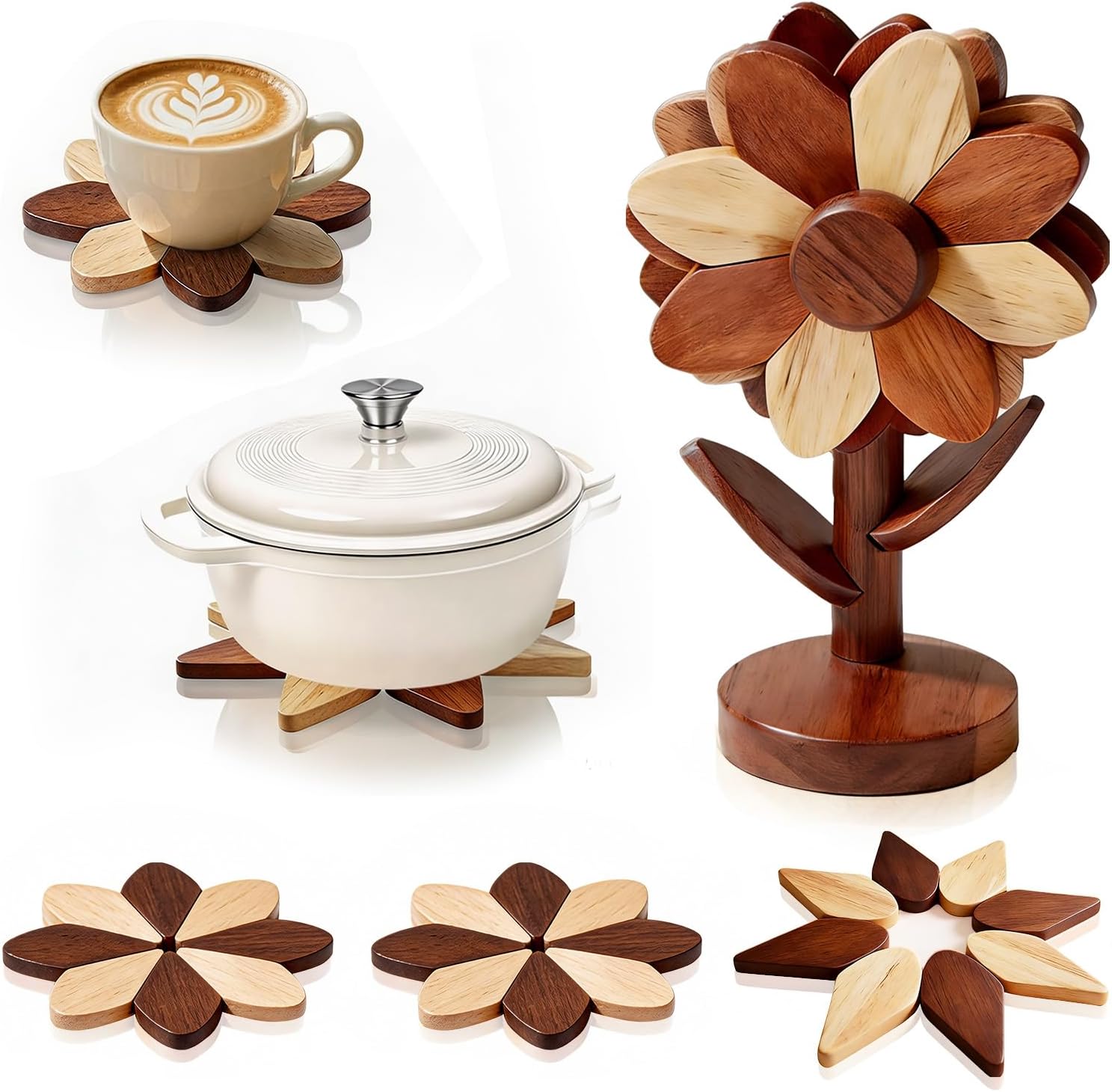 Wooden Trivets for Hot Dishes - Set of 5, Foldable Sunflower-Shaped, Thick Hot Pads for Countertops, Ceramic Pots, Farmhouse Kitchen Decor, Housewarming Gifts (Walnut & Beech Wood)