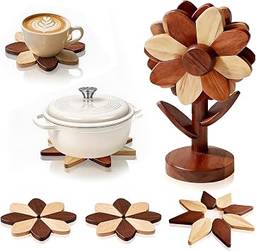 Wooden Trivets for Hot Dishes - Set of 5, Foldable Sunflower-Shaped, Thick Hot Pads for Countertops, Ceramic Pots, Farmhouse Kitchen Decor, Housewarming Gifts Walnut & Beech Wood