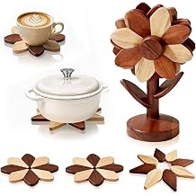 Wooden Trivets for Hot Dishes - Set of 5, Foldable Sunflower-Shaped, Thick Hot Pads for Countertops, Ceramic Pots, Farmhouse Kitchen Decor, Housewarming Gifts Walnut & Beech Wood