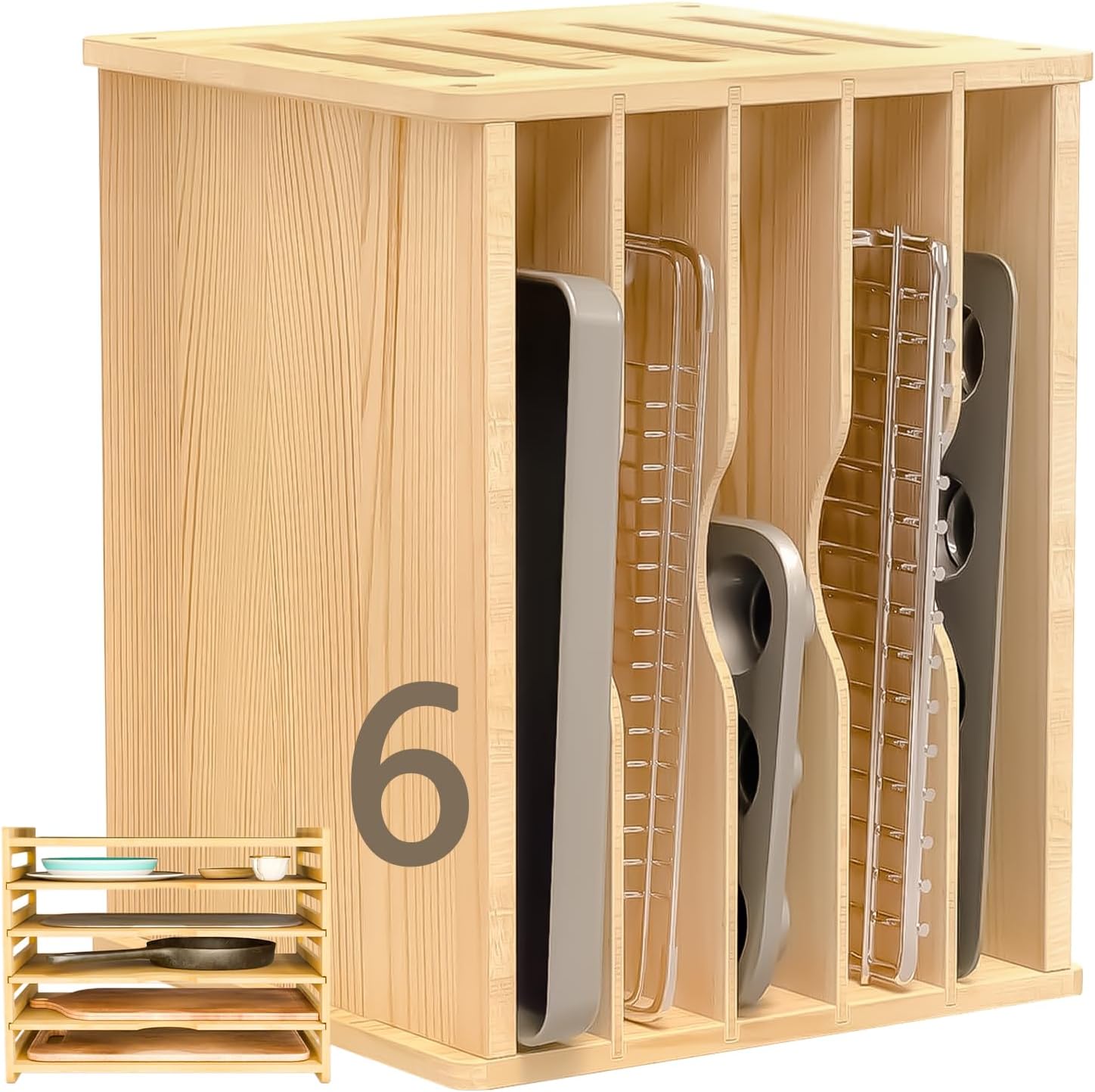 celestite Wooden Tray Dividers for Cabinets, Cookie Sheet Organizer for Cabinet, Baking Sheet Pan Organizer for Kitchen Organizers and Storage (6 Tier 12.4" Wx14.1 Hx16.7 D)