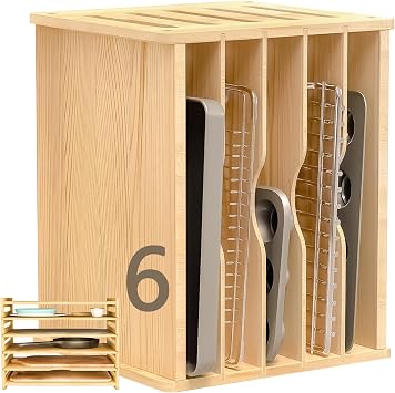 celestite Wooden Tray Dividers for Cabinets, Cookie Sheet Organizer for Cabinet, Baking Sheet Pan Organizer for Kitchen Organizers and Storage 6 Tier 12.4" Wx14.1 Hx16.7 D